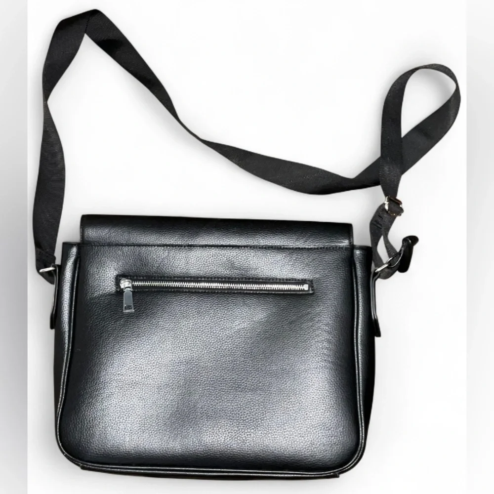 H&M Black Faux Leather Messenger Bag Metal Slider Buckle Crossbody Satchel